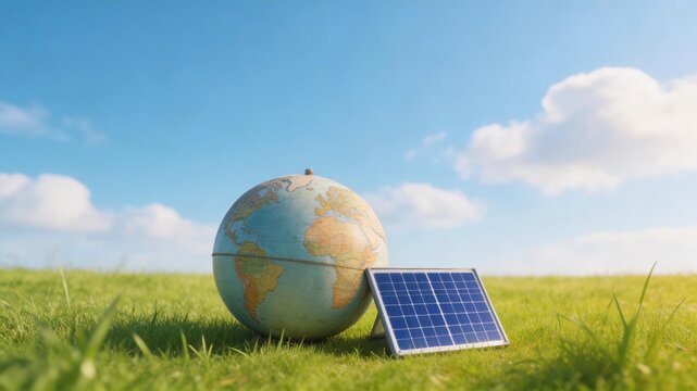 Solar Energy for Our World: A globe and solar panel rests on vibrant green grass under a clear blue sky, symbolizing the potential for sustainable energy solutions and a greener future.