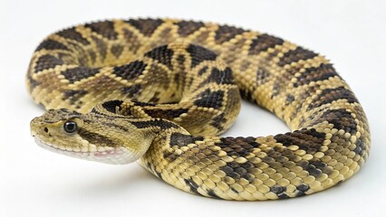 Fototapeta premium Macro studio portrait of an Ornate Black-Tailed Rattlesnake (Crotalus ornatus) coiled on a clean white background.