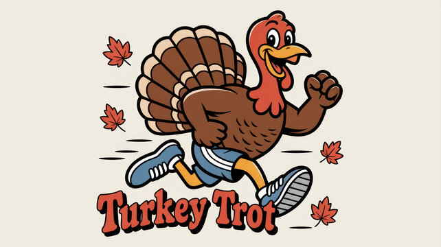 Cartoon turkey wearing blue shorts and sneakers running with autumn leaves  fun thanksgiving illustration