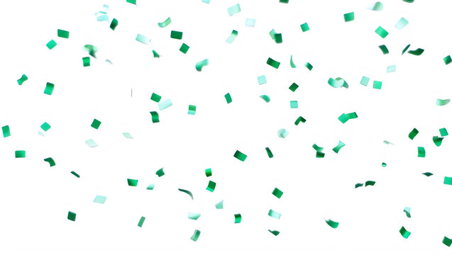 Green and teal confetti pieces flying in the air on transparent background transparent background