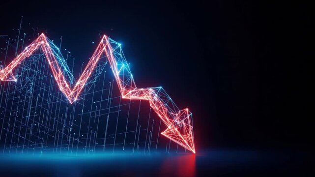 A graphic depiction of a downward trend, as illustrated by a glowing arrow plunging into the darkness, signifying decline and downturn. ..Created with Generative AI, not depicting real subjects.
