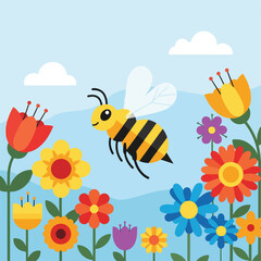 Naklejka premium A cartoon bee buzzing through a colorful meadow of flowers under a blue sky