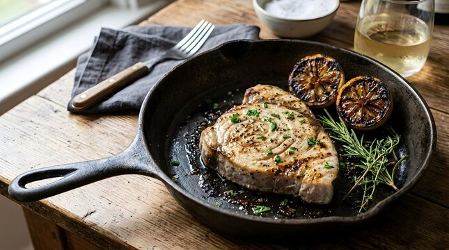 A grilled steak with herbs and lemon slices in a cast-iron skillet on a wooden table
