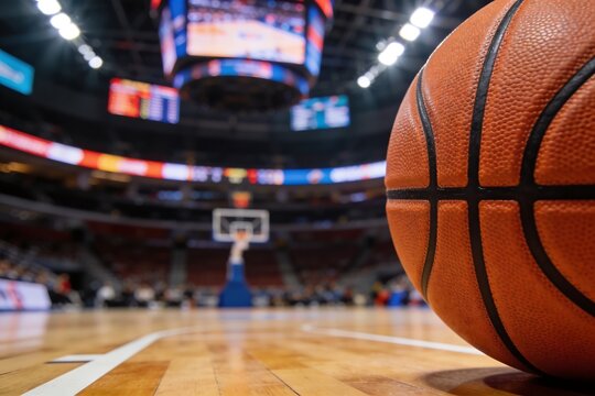 Basketball on wooden court under bright lights with blurred crowd and scoreboard creating energetic professional game atmosphere perfect for sports, competition, training, and action concepts.