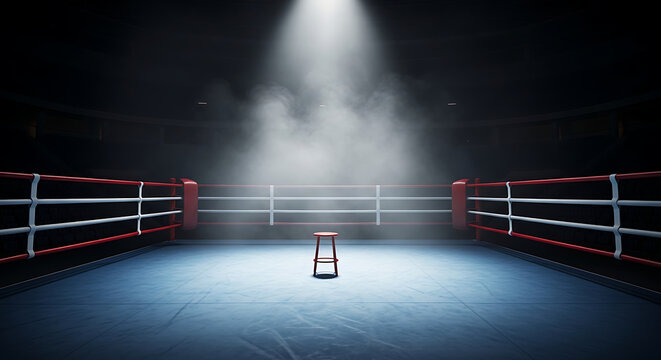 Dramatic spotlight illuminates an empty boxing ring, a lone stool awaiting fierce competition and triumph