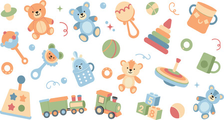 Fototapeta premium Cute Baby Toys and Accessories Collection Illustration with Teddy Bear Rattle Blocks Train Stacker and Play Items for Kids Nursery Vector Design.