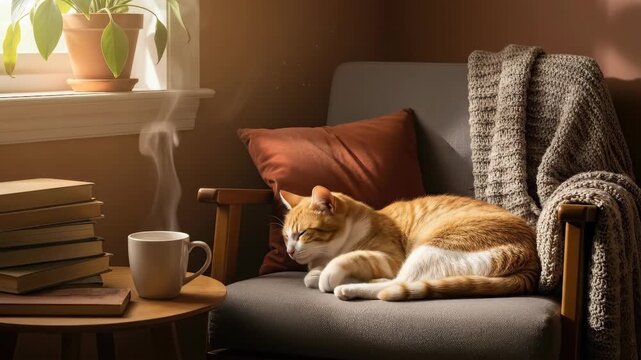 Cat resting on armchair next to books and coffee indoors
