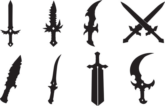 Collection of fantasy sword silhouettes for design and gaming