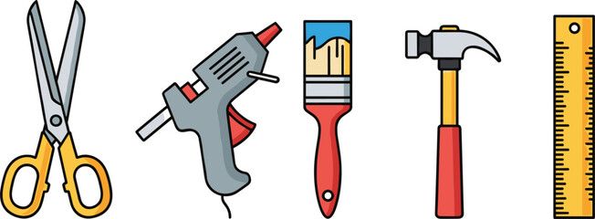 DIY tools and craft equipment icon set including scissors glue gun brush hammer ruler vector illustration colored isolated design collection