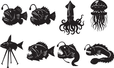 Collection of deep sea creatures silhouettes including anglerfish squid jellyfish © Sadek
