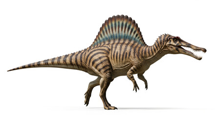 Fototapeta premium A detailed full-body rendering of a Spinosaurus dinosaur with striped skin and a large dorsal sail, standing on a white background.