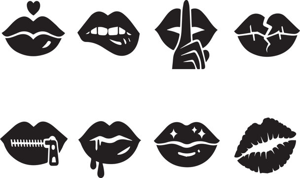 Collection of black lip icons in various expressions and styles for design