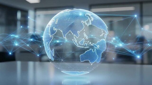Glowing futuristic digital globe rotating over modern sleek office desk with interconnected technology