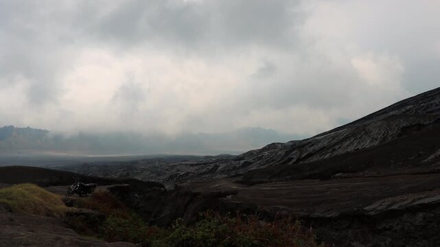 Wide Landscape shot of Volcanic Erosion Gullies on Mount Bromo Slopes, Bromo Tengger Semeru National Park, East Java Indonesia
