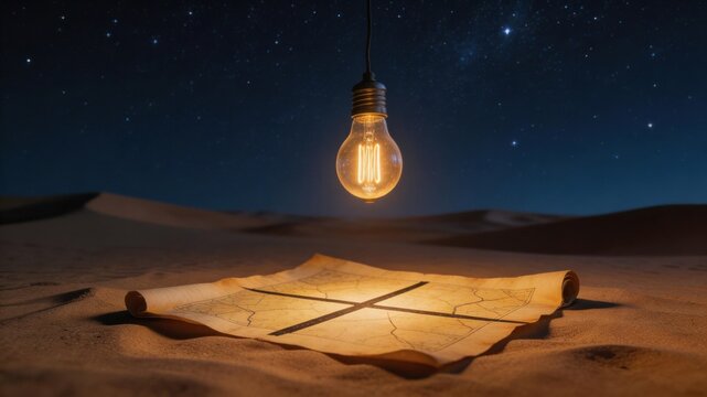 Illuminating Desert's Secrets: A vintage light bulb casts a warm glow upon an old treasure map lying in the heart of a sandy desert under a starry night sky.
