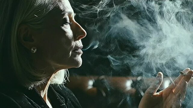 Elegant senior woman exhaling cigarette smoke thoughtfully in a moody setting