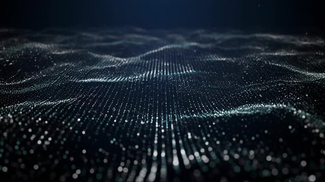 Mesmerizing digital ocean of glowing particles flowing smoothly with dynamic light effects and vibrant colors