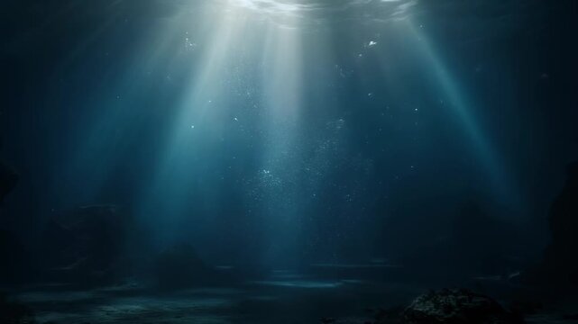 Mysterious underwater ocean scene with beams of light illuminating deep sea creatures