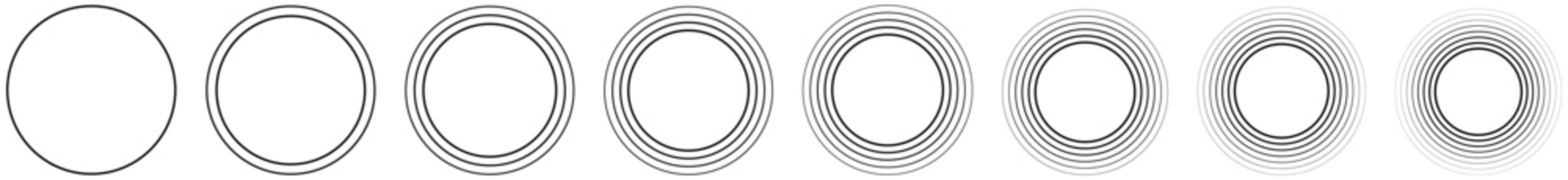 Concentric circle ring outlines set in multiple stroke styles. Concentric circles vector, radial rings pattern, circular line design. Geometric circle rings, round symmetry shapes, vector illustration