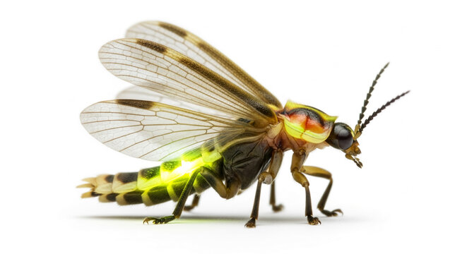 Close-up of glowing firefly insect on clean white background