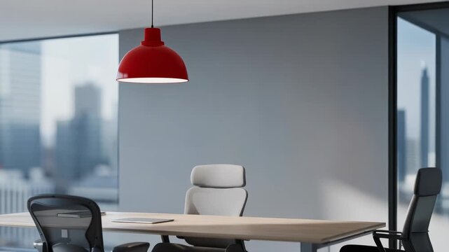 Modern office interior with sleek chairs wooden desk and bold red pendant lighting for workspaces