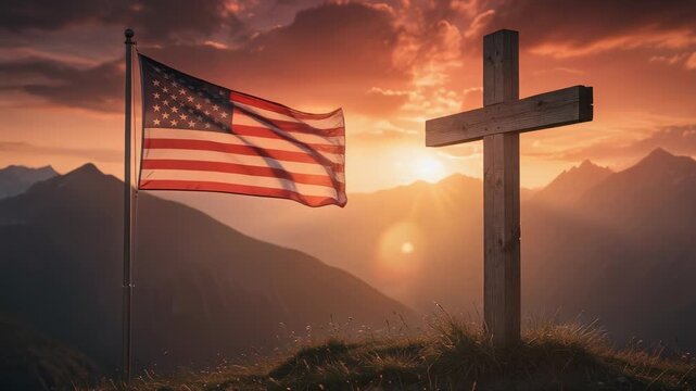Serene sunset over mountain peak with American flag waving beside wooden cross peaceful nature landscape