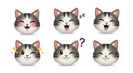 Fototapeta premium Cute cartoon cat faces showing different expressions on white background