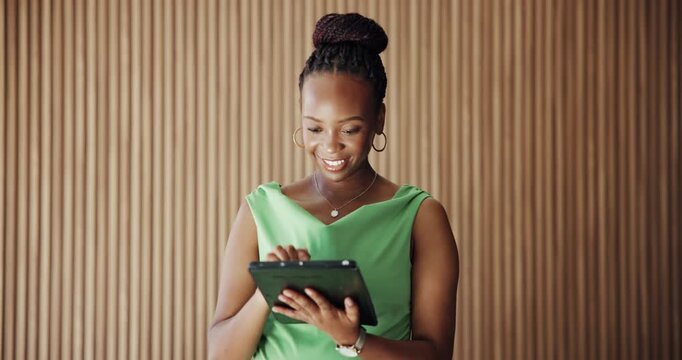 Creative agency, typing and black woman in office, tablet for social media and website for online news report. Person, copywriting or journalist in workplace, internet and tech for article submission