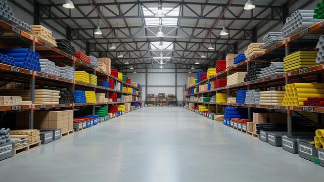 A large industrial warehouse with colorful pipes and organized building supplies in a spacious facility