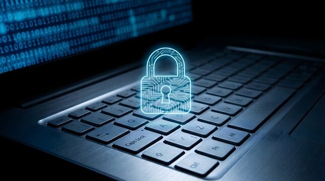 A laptop keyboard with a bright blue lock on the keys