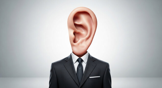 Businessman with giant ear instead of head listening attentively