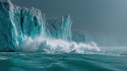 Naklejka premium A dramatic landscape of a massive blue ice glacier meeting the sea, with large splashes of water as ice breaks off into the cold turquoise waves.