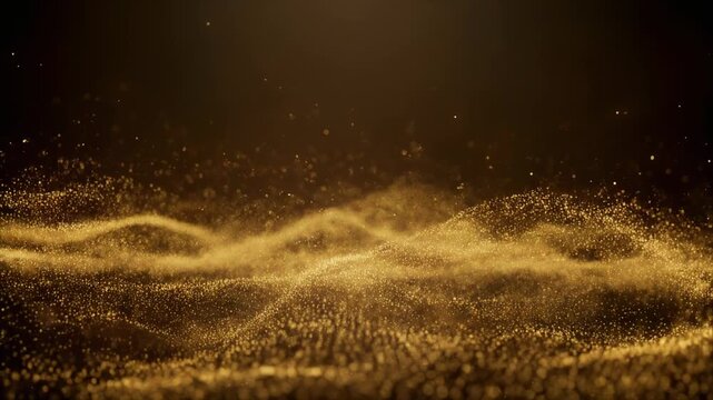 Golden firefly particles flowing and shimmering like waves in dark space mesmerizing sparkling light