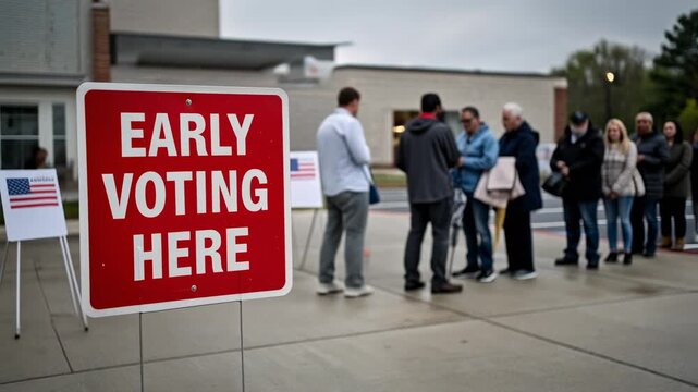 People waiting in line outside polling station for early voting on cloudy day