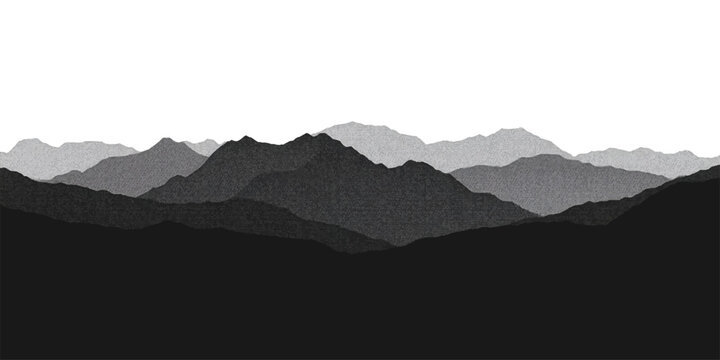 A misty mountain range silhouette peaks through a morning fog at sunrise, revealing a blue valley landscape with clouds and forest hills under a scenic sky