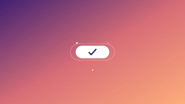 Modern digital user interface success animation displaying an "OK" button transforming into a definitive checkmark on a vibrant gradient background
