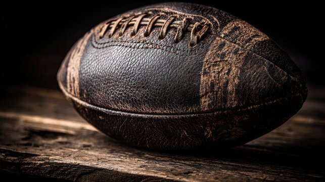 Close-up view of a well-worn vintage leather football with detailed stitching resting on a rustic wooden surface.