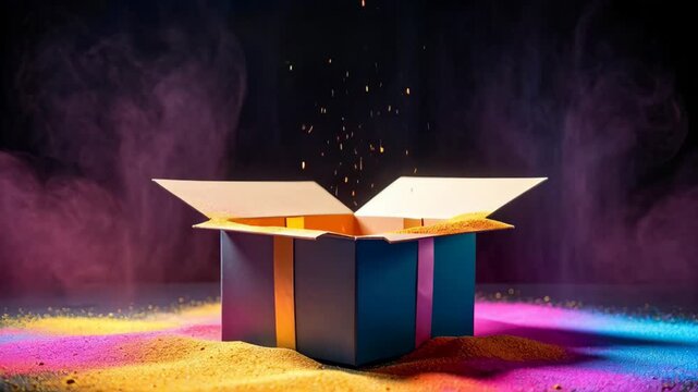 Open surprise gift box releasing orange powder with dynamic swirling pink and blue smoke on a dark background