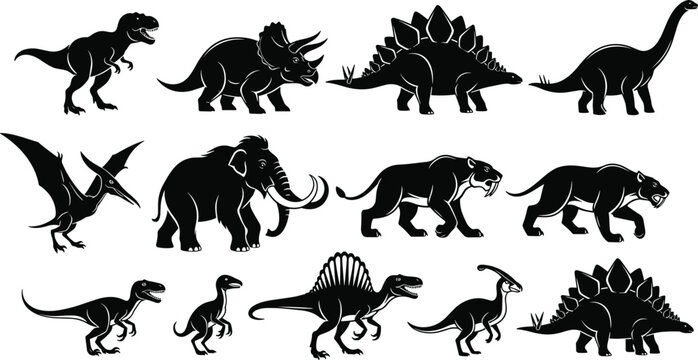 Prehistoric Animal Silhouette Set Featuring T-Rex Triceratops Stegosaurus Mammoth Pterodactyl and Saber-Toothed Cat Vector Illustration for Education Museum Exhibits and Creative Projects.