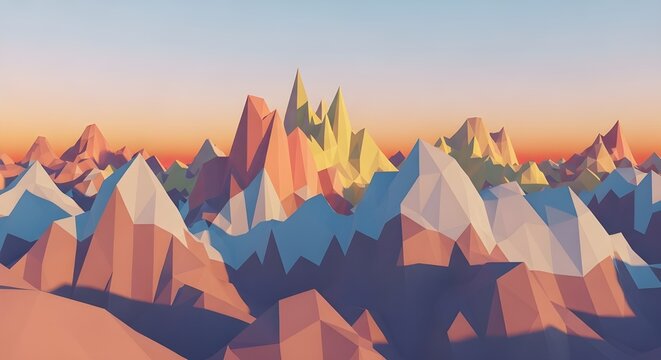 Low Poly Mountain Range At Sunrise With Warm Colors
