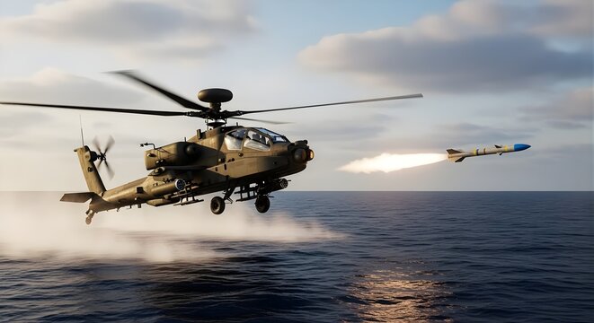 Apache helicopter firing missile over ocean during military exercise.