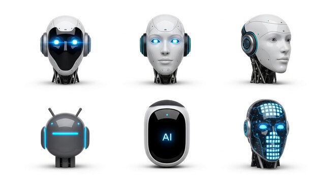 Six diverse robot heads and AI devices on white background