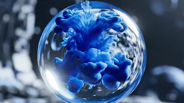 A perfect sphere of crystal-clear water hovering in zero gravity, rippling slowly as a drop of blue ink is injected into it.