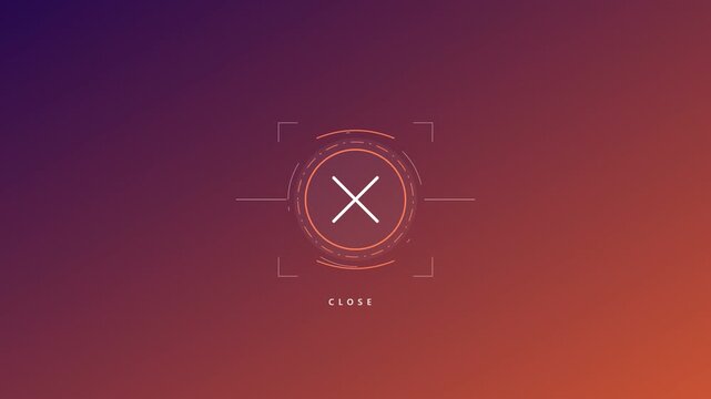 Futuristic animated close button UI element with dynamic circular graphics and rectangular markers on a modern gradient background for interactive