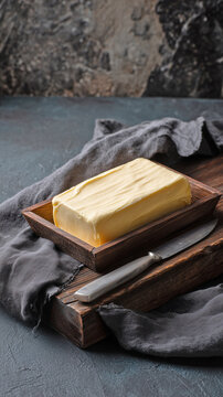 Fresh butter block on a dark stone background. The contrast of the dark surface and golden oil highlights the freshness and mouth-watering quality of the product. Cooking and breakfast concept