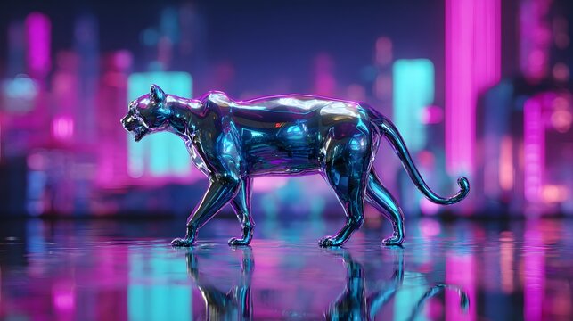 Futuristic chrome cat reflects neon city lights a captivating vaporwave digital art creation