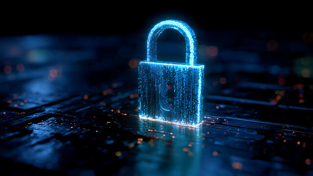 Padlock on keyboard and binary code representing security and protection