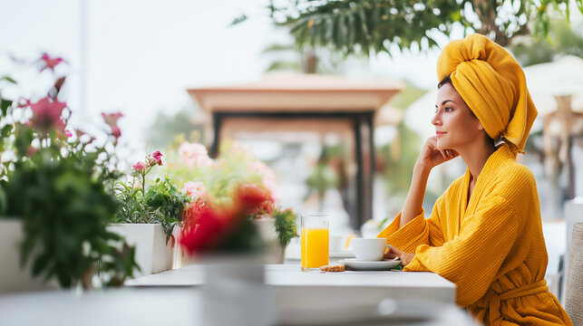 Woman savoring breakfast on a hotel terrace, feeling refreshed and looking forward to the day, celebrating self care and leisure