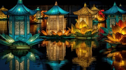 Obraz premium Lantern Festival at the Lake With Glowing Lanterns Floating on Water Reflecting Light During Evening Hours