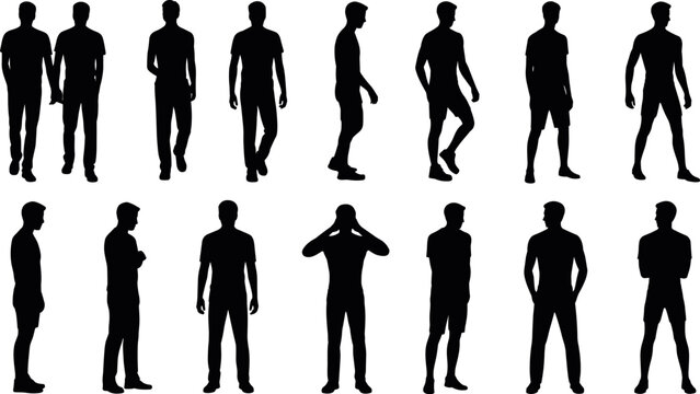 Collection of male silhouettes in different standing walking poses isolated on white background, human body reference set, flat vector